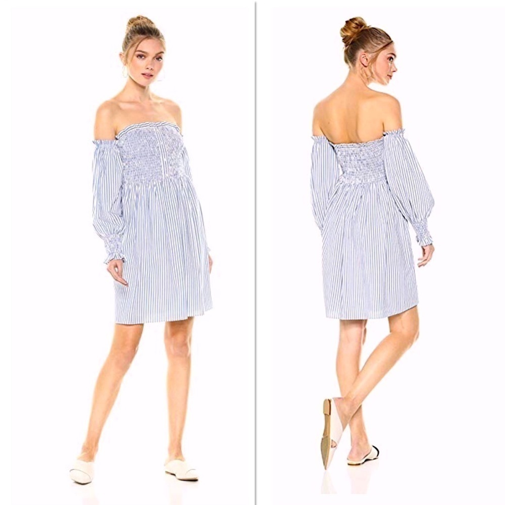 Off-Shoulder Blue Striped Mini Dress